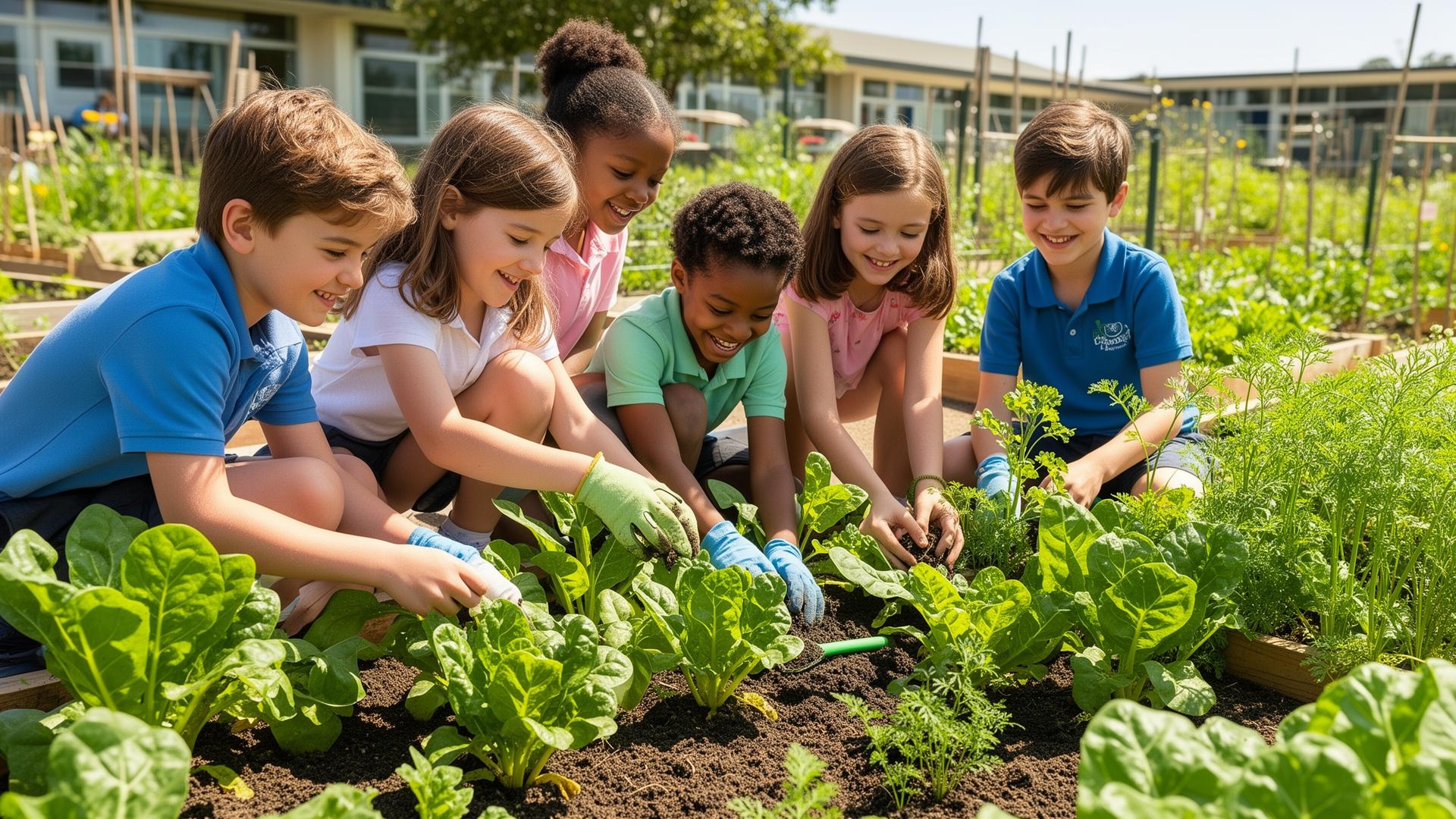 Crianças plantando em horta escolar